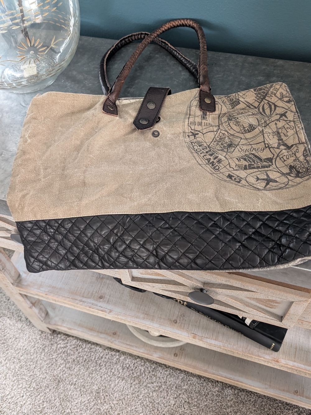 Mona B Canvas and Quilted Leather Travel Tote - Beige and Dark Brown